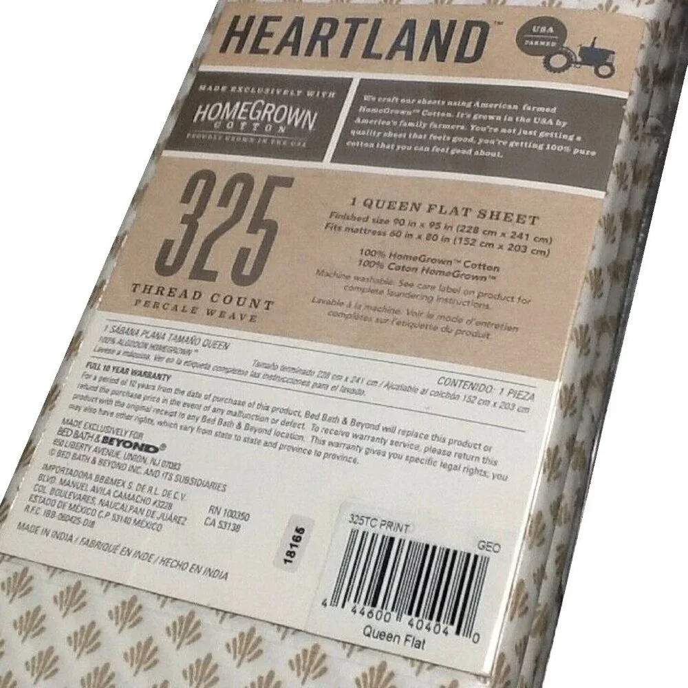 new GEO Brown & White Heartland 325 TC 100% Cotton Percale QUEEN Flat Sheet
